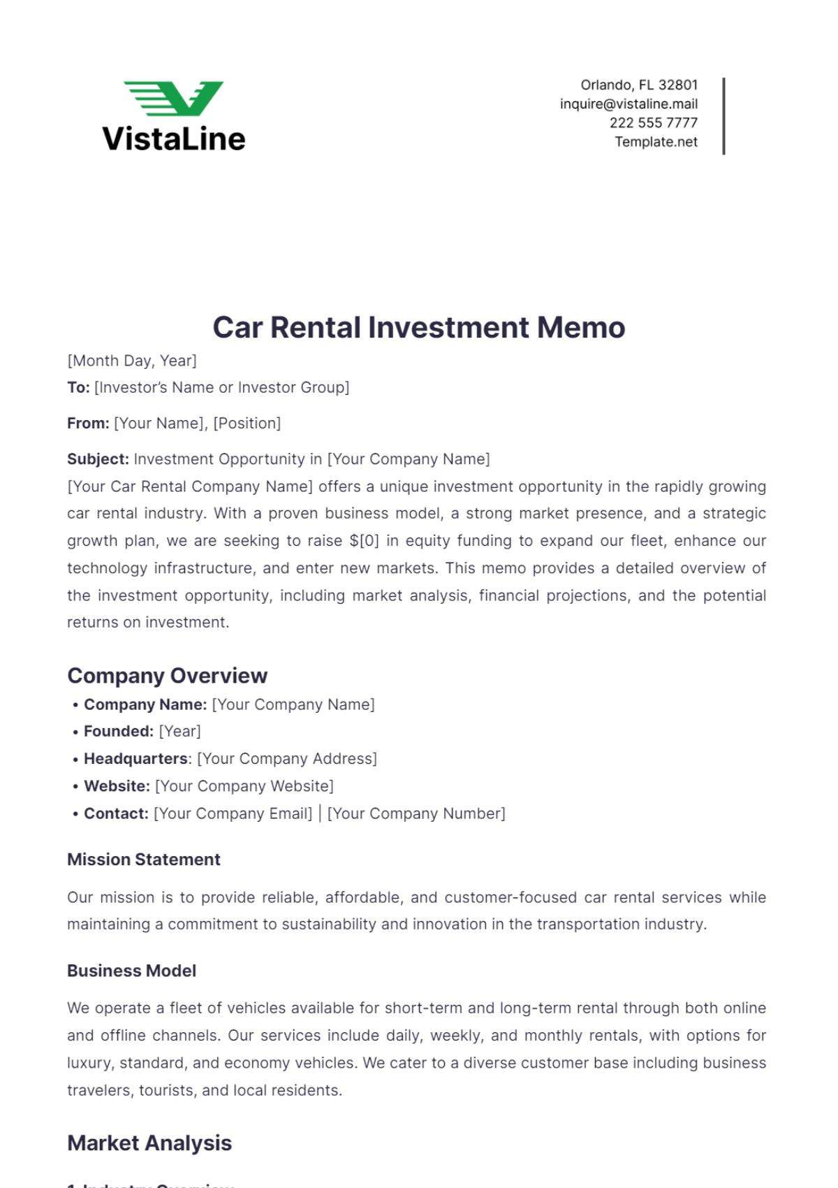 Car Rental Investment Memo Template - Edit Online & Download