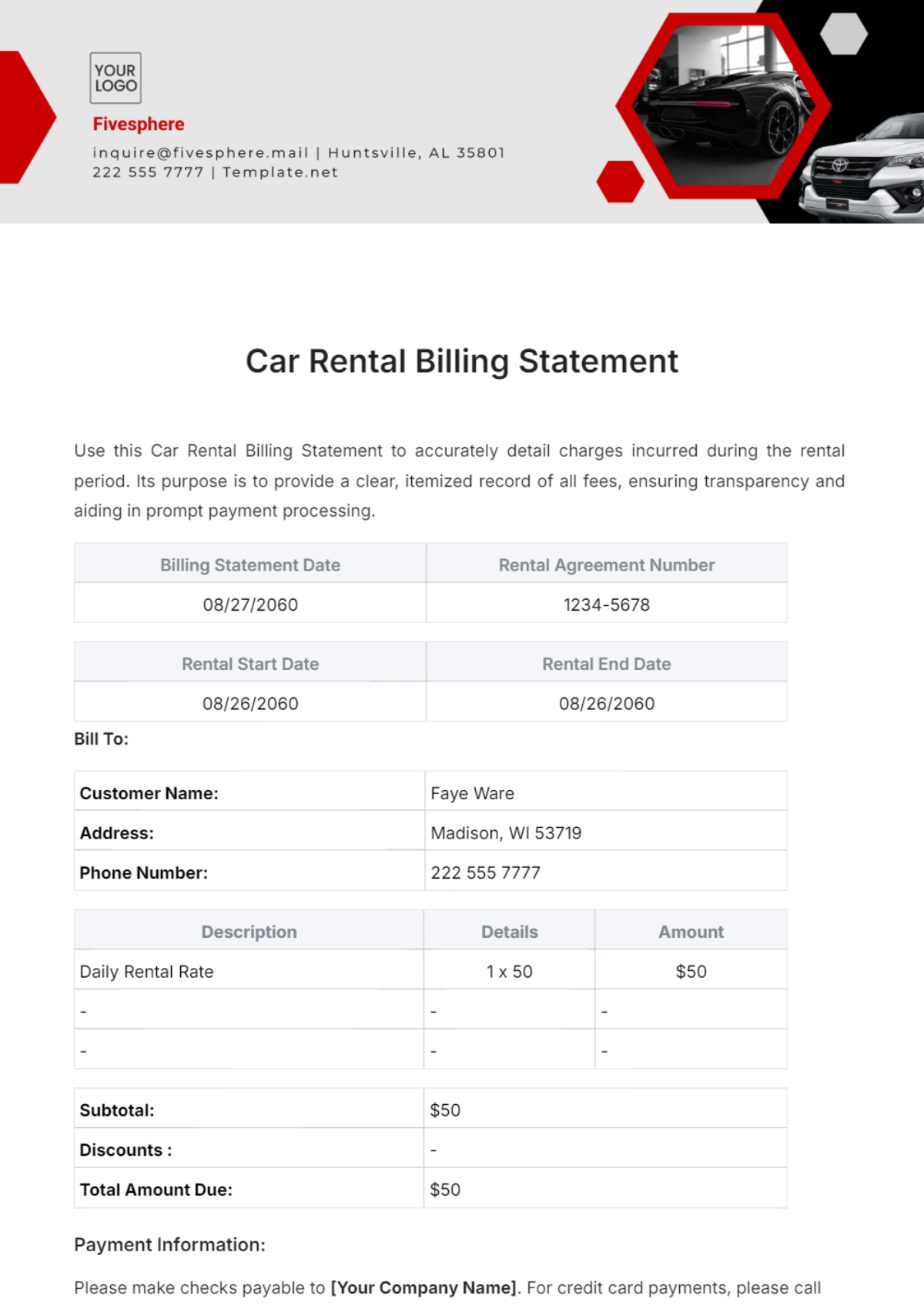 Sample Car Rental Billing Statement Template - Edit Online & Download