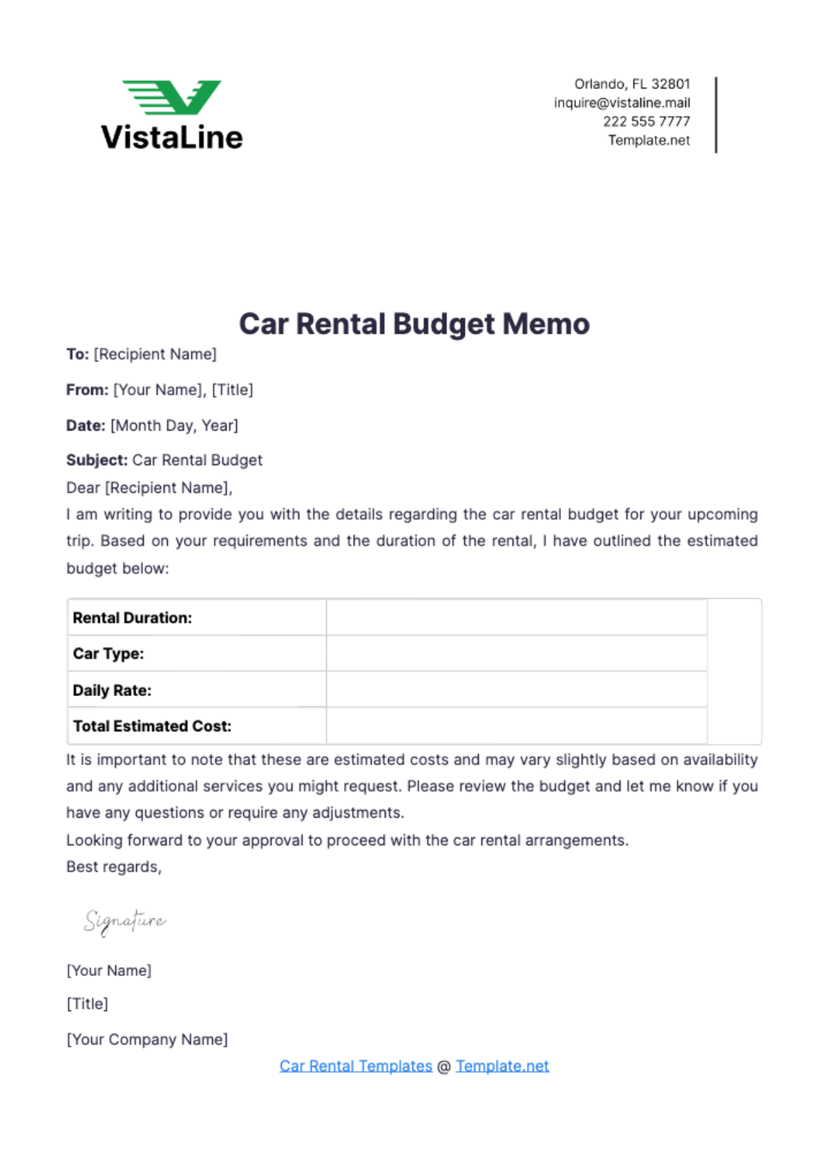 Car Rental Budget Memo Template - Edit Online & Download