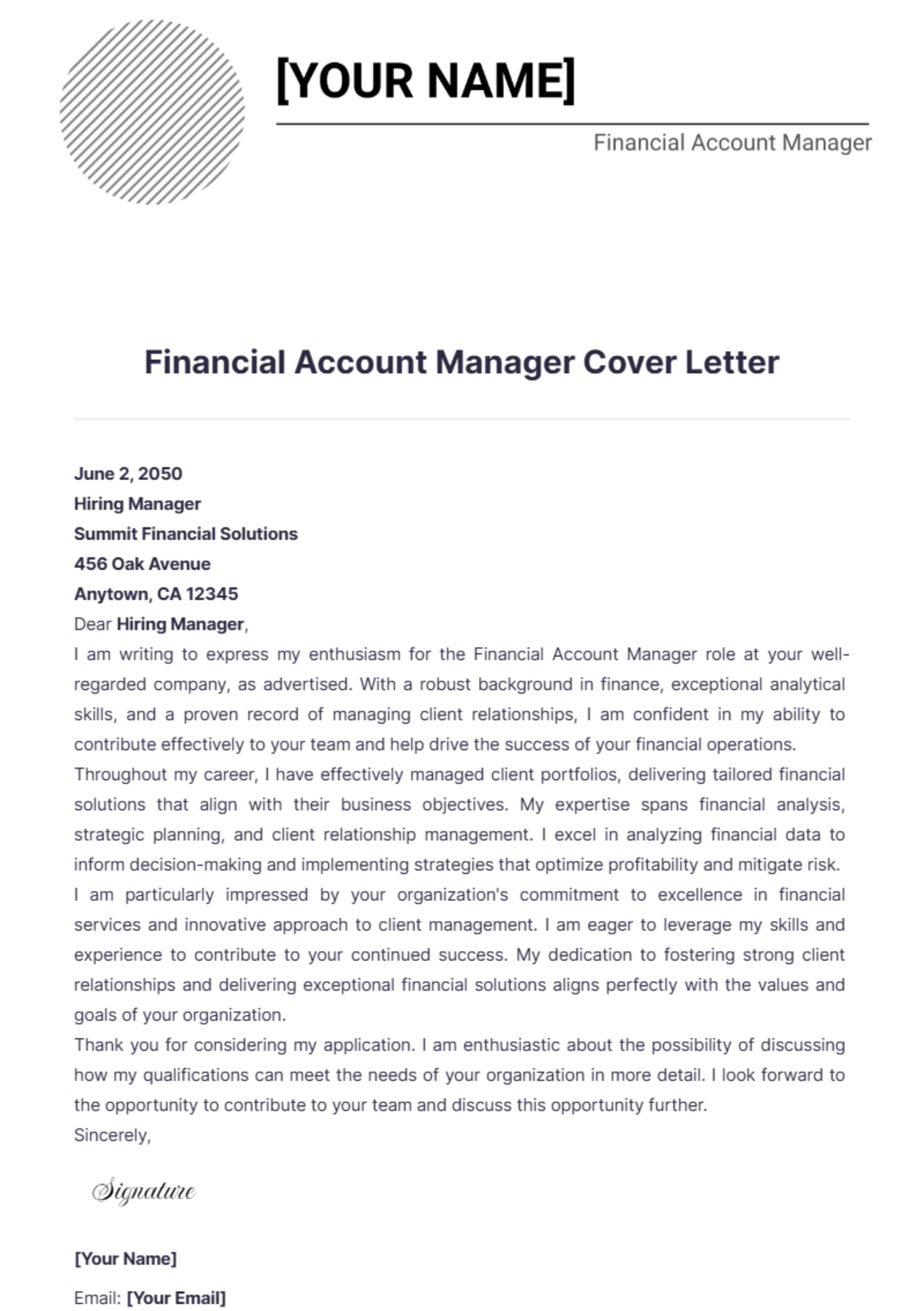 Financial Account Manager Cover Letter - Edit Online & Download