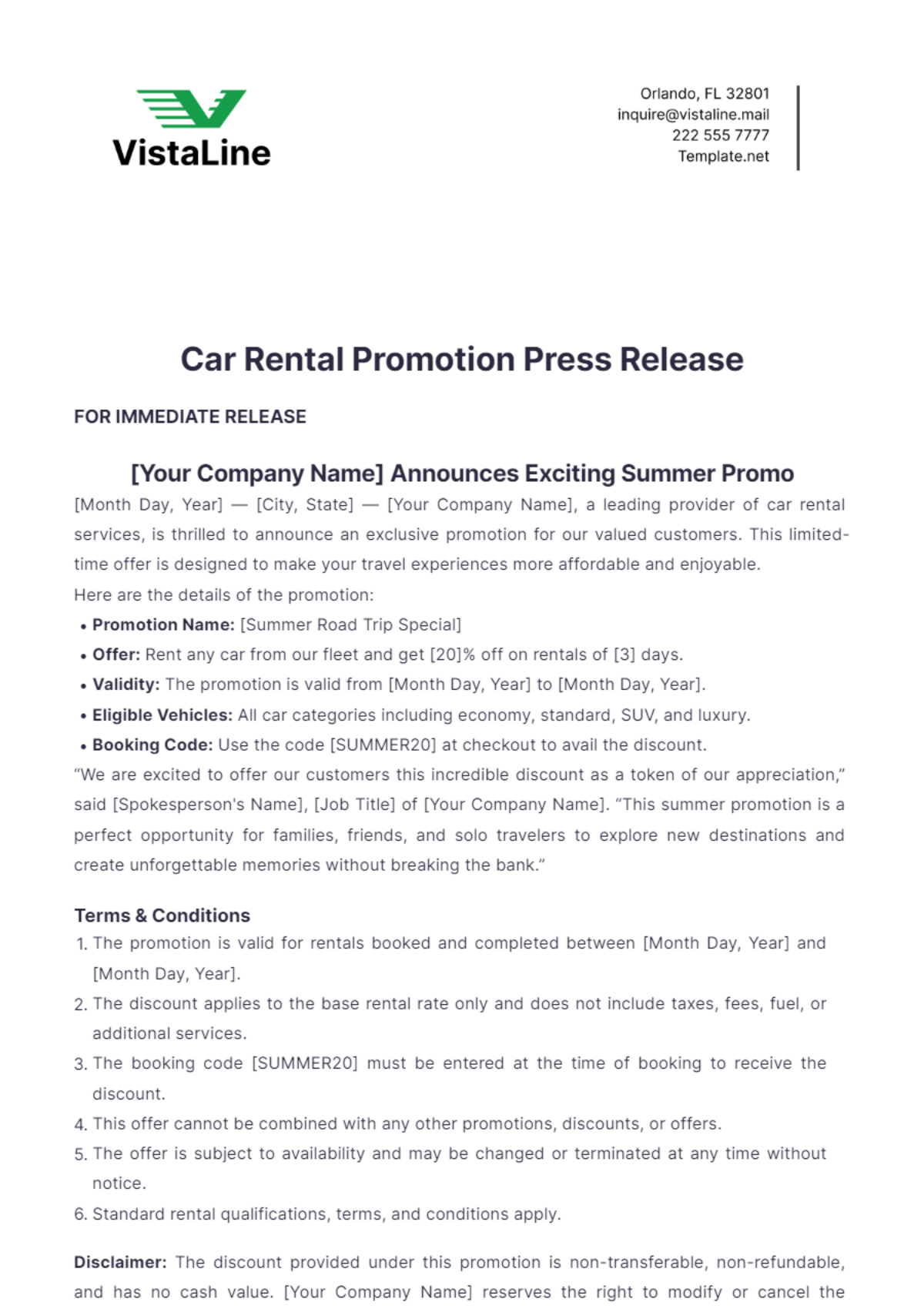 Car Rental Promotion Press Release Template - Edit Online & Download