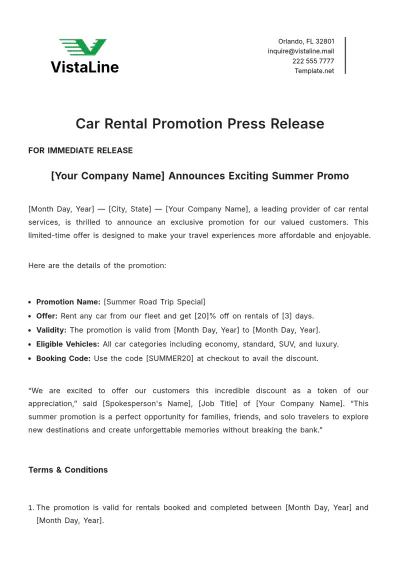 Free Car Rental Promotion Press Release Template to Edit Online