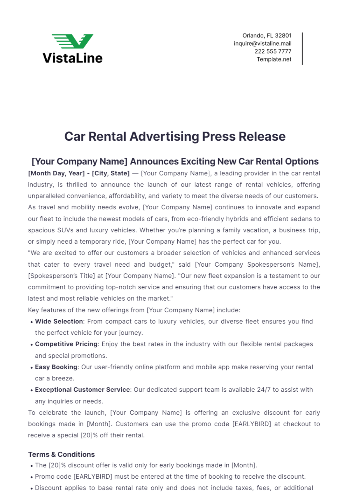 Car Rental Advertising Press Release Template - Edit Online & Download