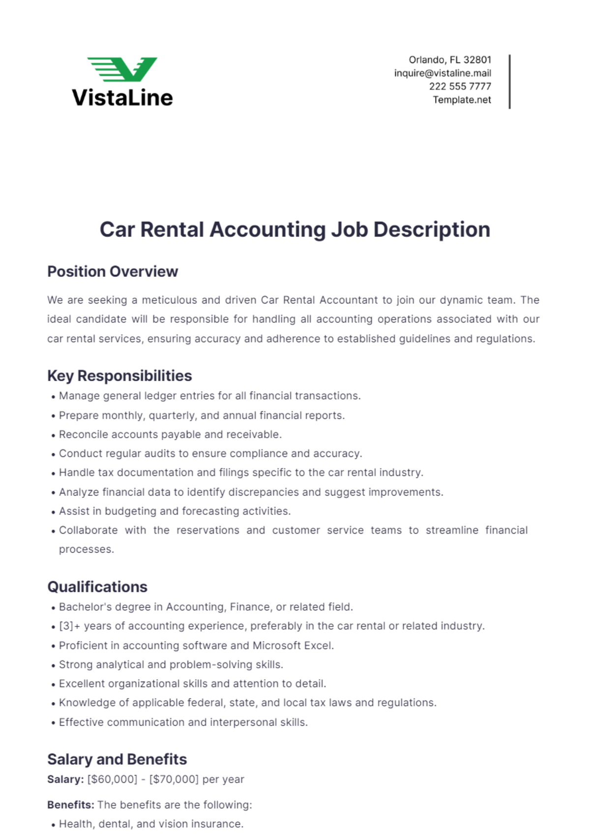 Car Rental Accounting Job Description Template - Edit Online & Download