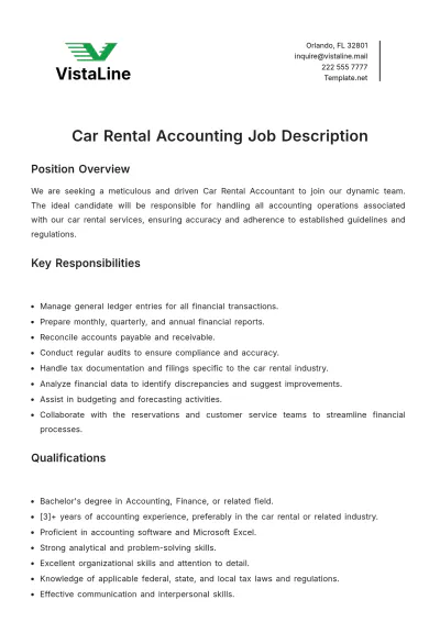 Free Car Rental Accounting Job Description Template to Edit Online