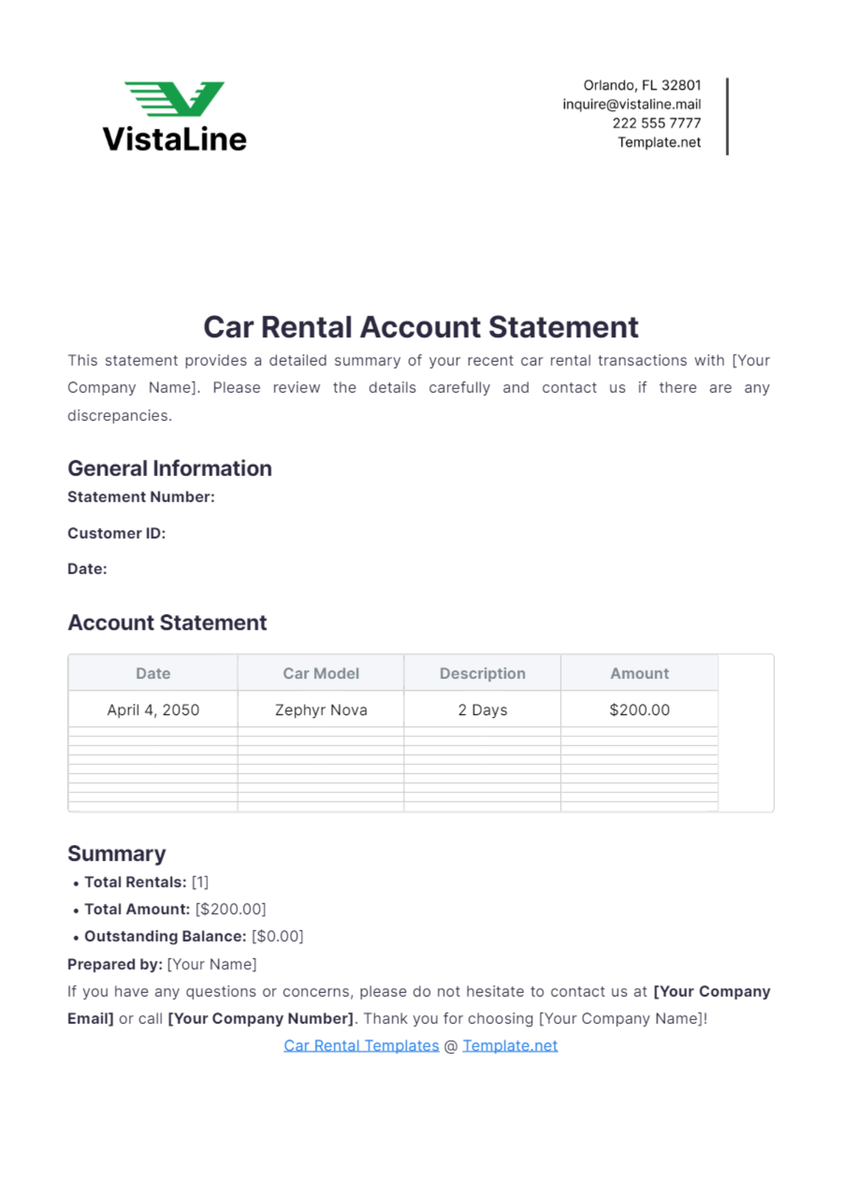 Car Rental Account Statement Template - Edit Online & Download