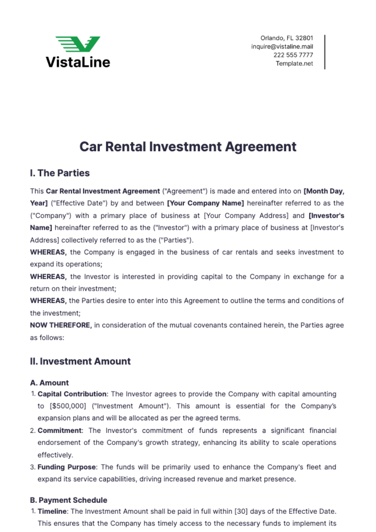 Car Rental Investment Agreement Template - Edit Online & Download