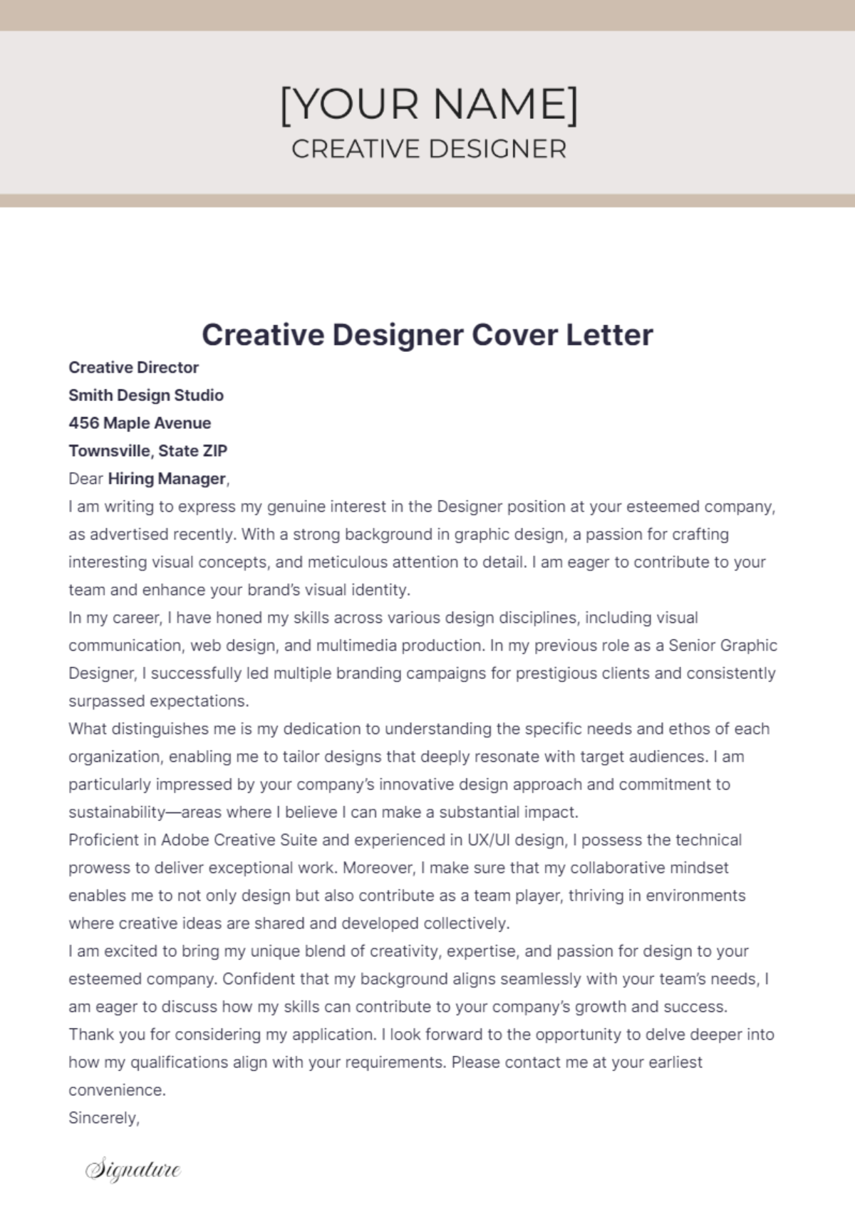 Creative Designer Cover Letter - Edit Online & Download