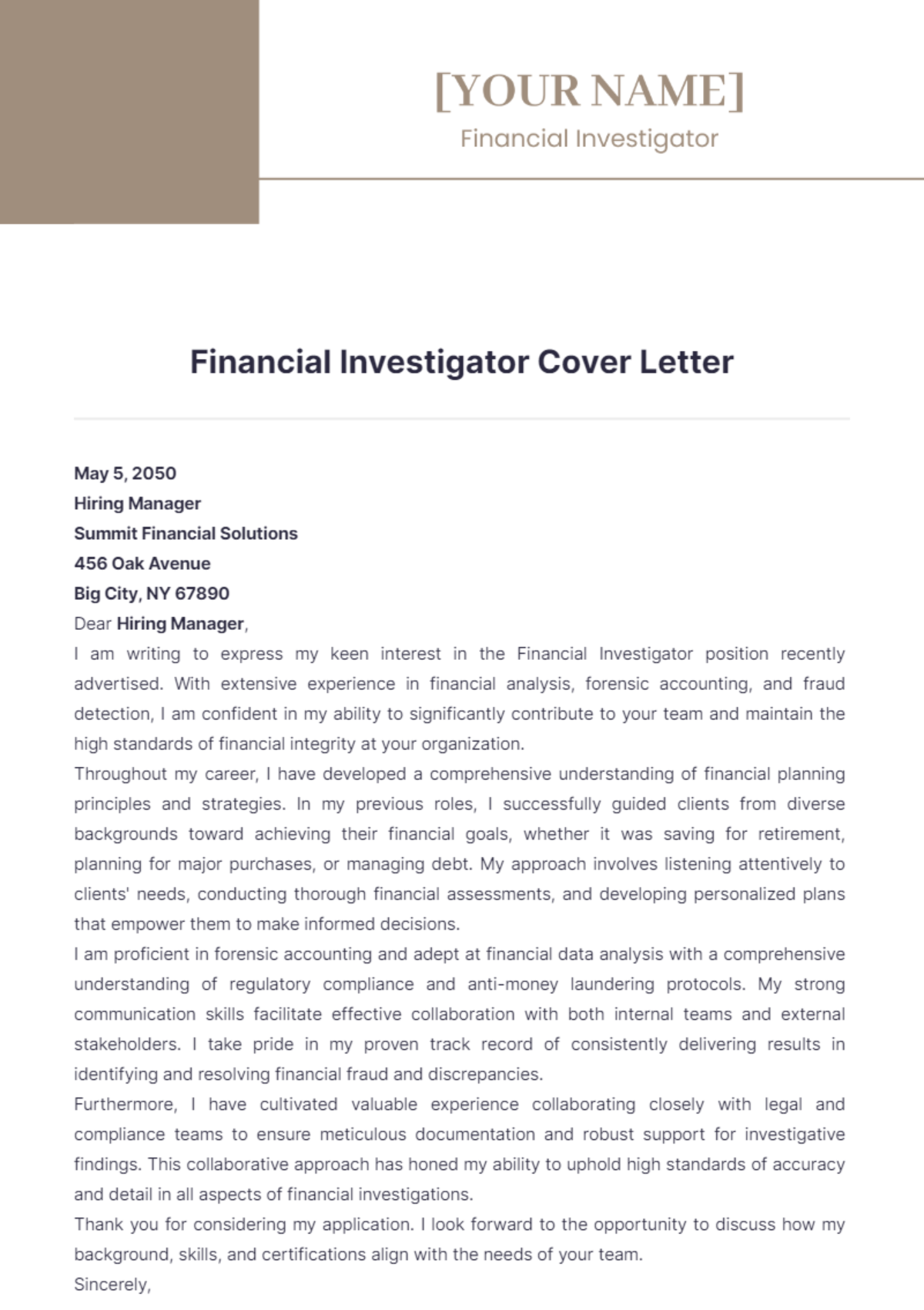 Financial Investigator Cover Letter - Edit Online & Download