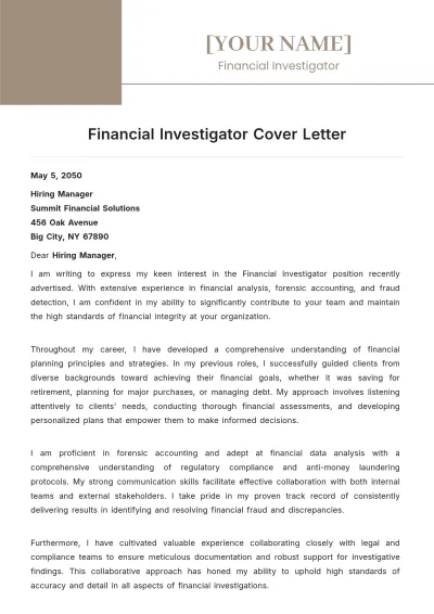Free Financial Investigator Cover Letter to Edit Online