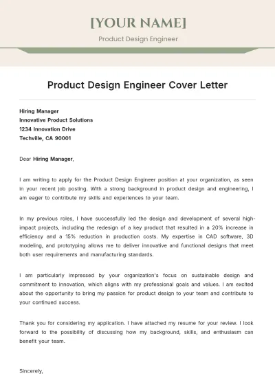 Free Product Design Engineer Cover Letter to Edit Online