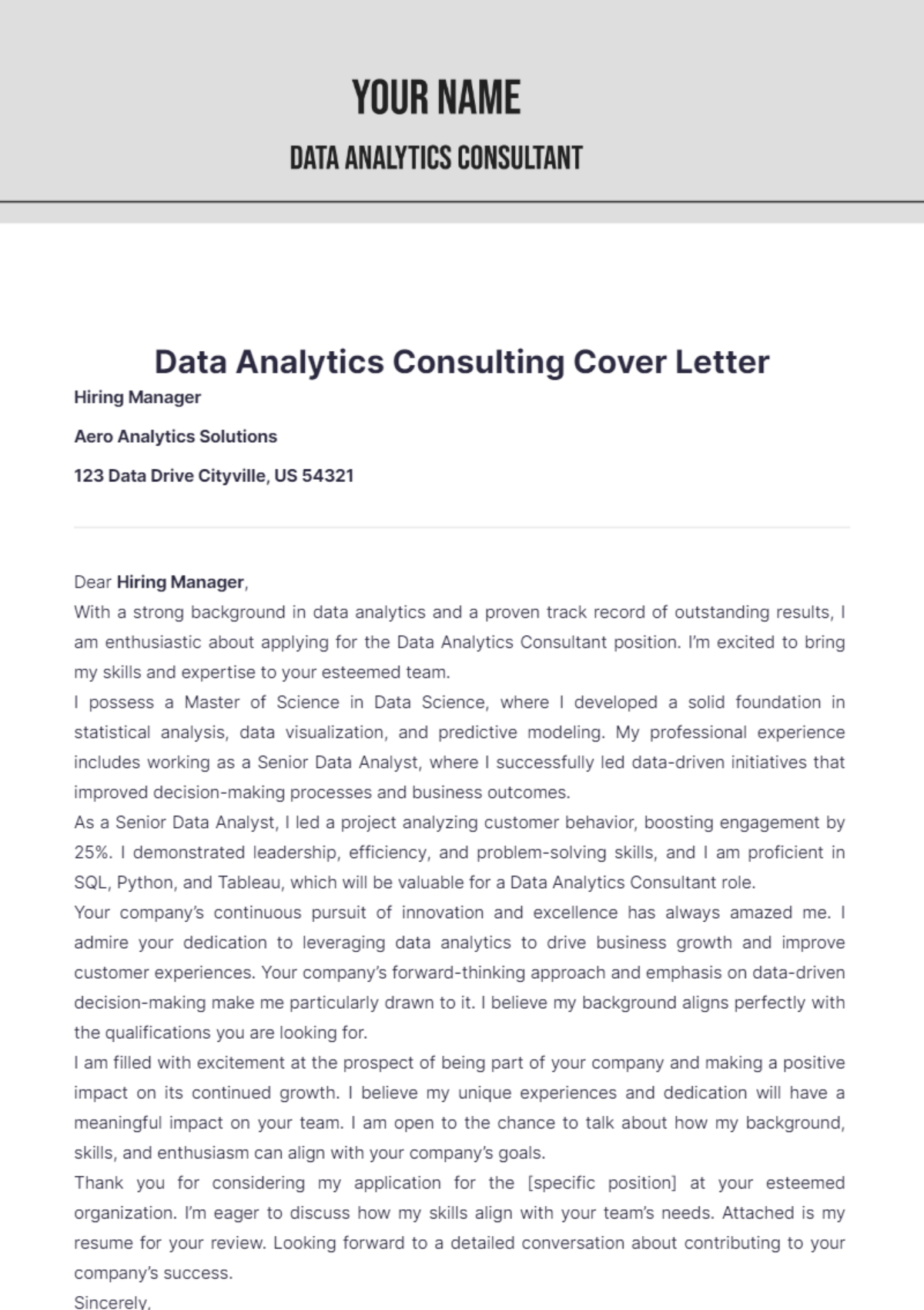 Data Analytics Consulting Cover Letter - Edit Online & Download