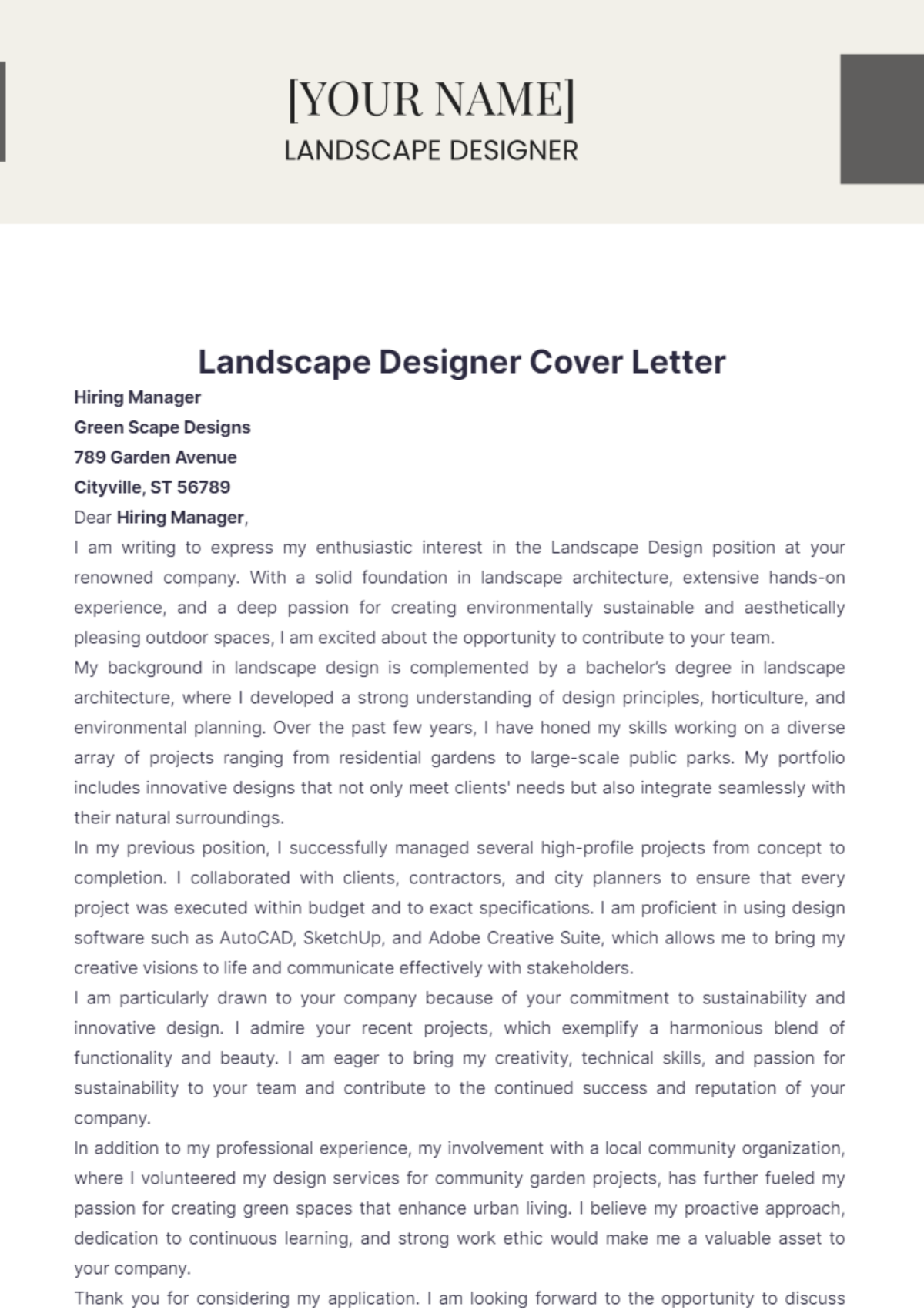 Landscape Designer Cover Letter - Edit Online & Download