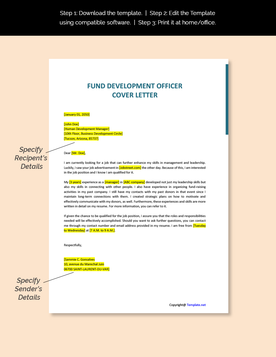 Fund Development Officer Cover Letter Template