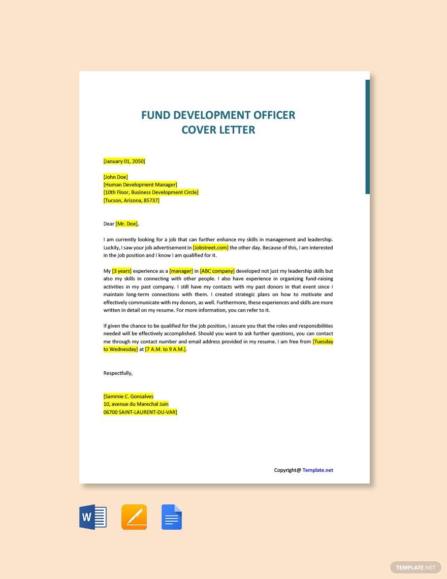 Fund Development Officer Cover Letter in Word, Google Docs, Pages, PDF - Download | Template.net