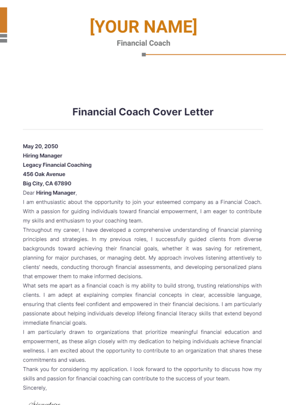 Financial Coach Cover Letter - Edit Online & Download