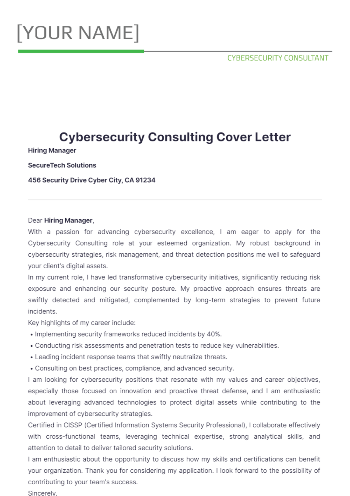 Cybersecurity Consulting Cover Letter - Edit Online & Download