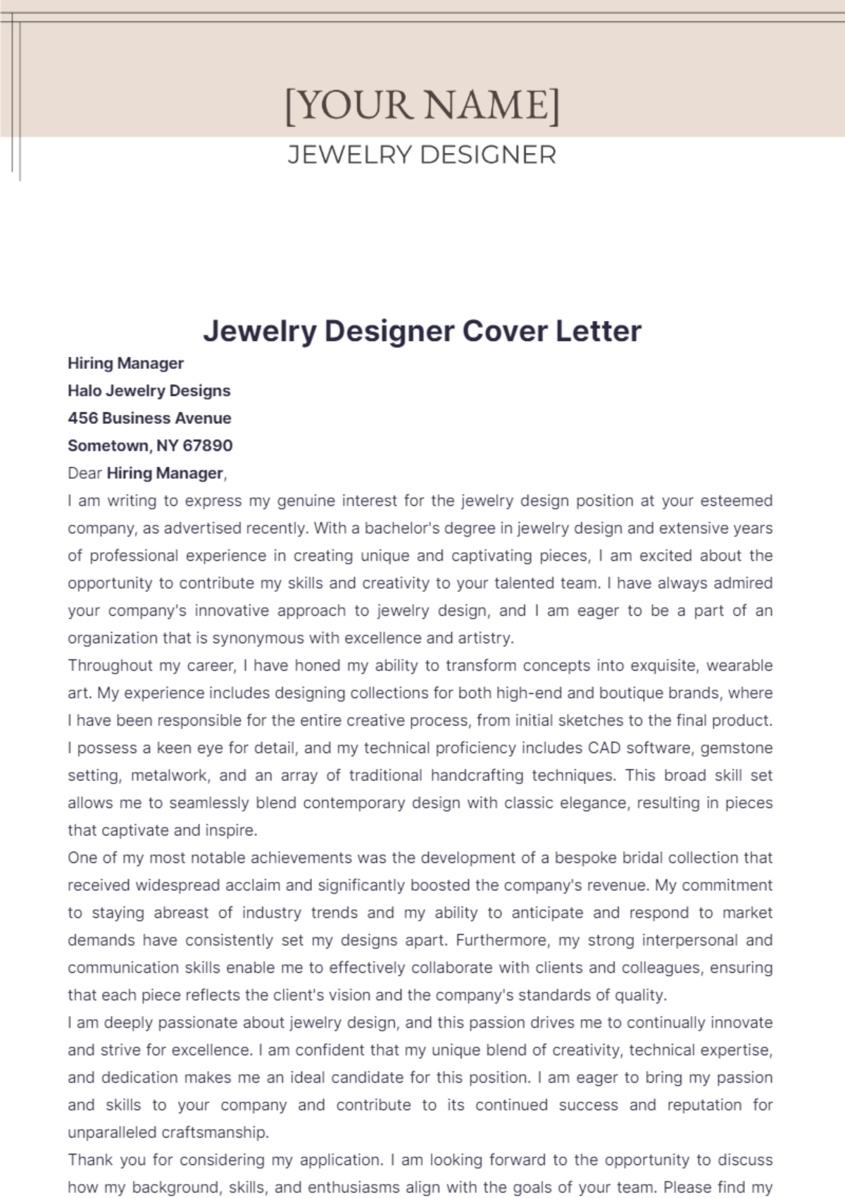 Jewelry Designer Cover Letter - Edit Online & Download