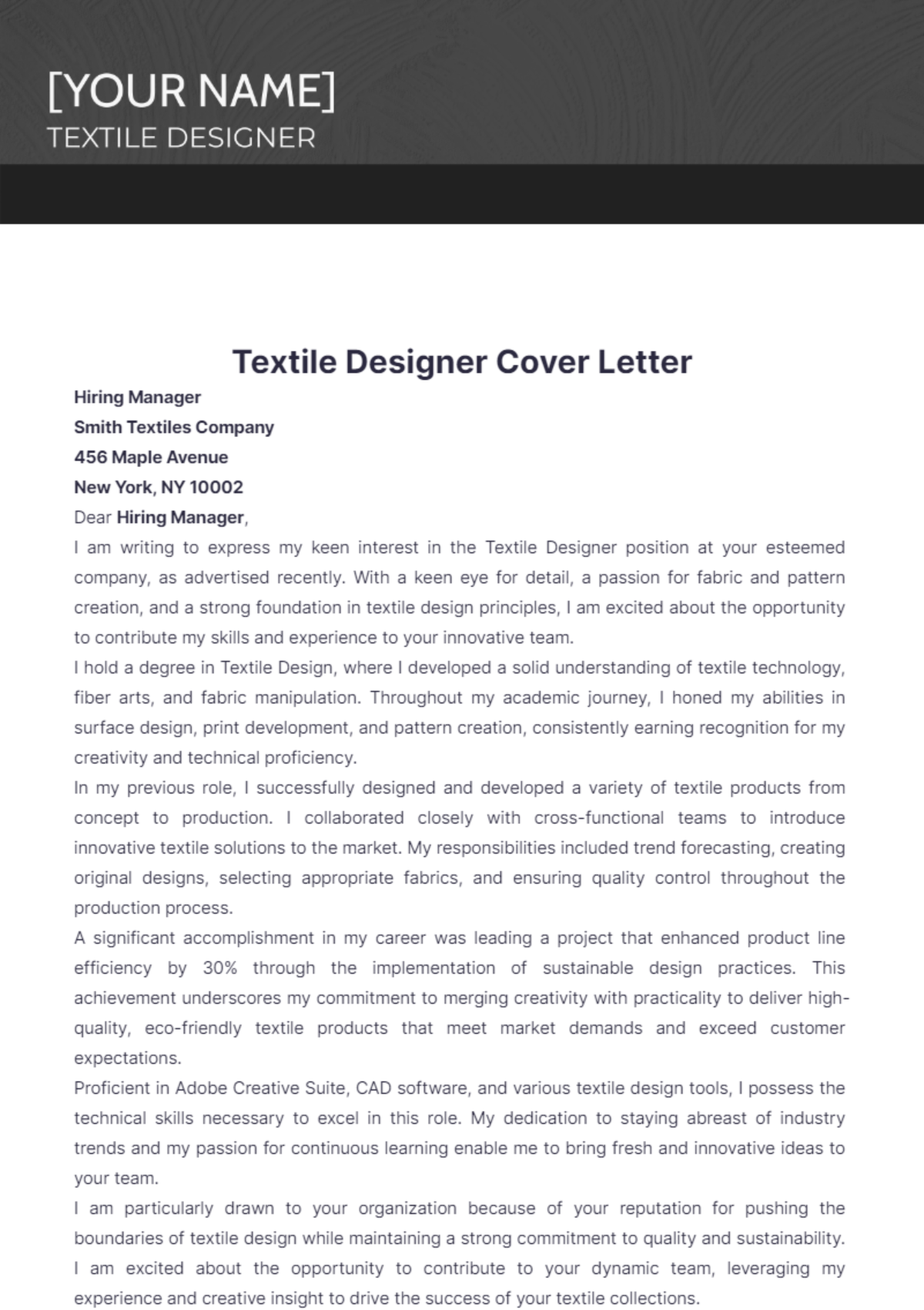 Textile Designer Cover Letter - Edit Online & Download