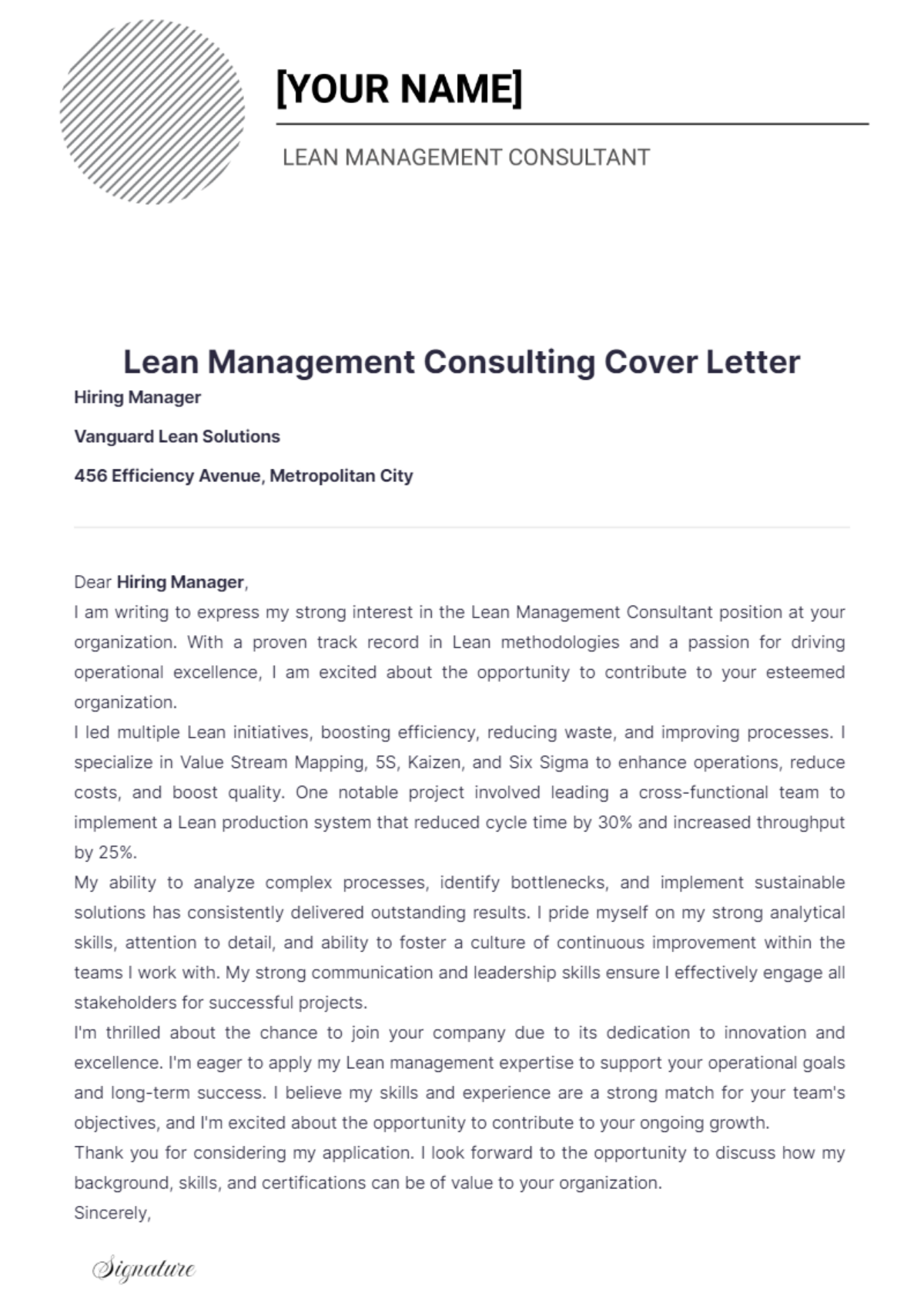 Lean Management Consulting Cover Letter - Edit Online & Download