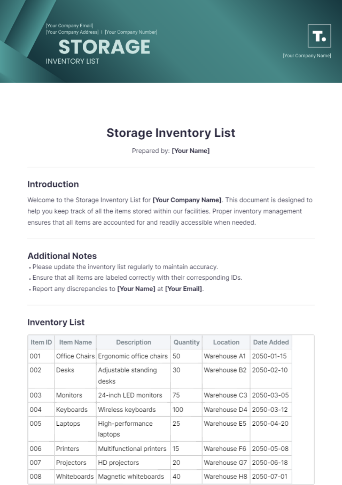 Storage Inventory List Template - Edit Online & Download