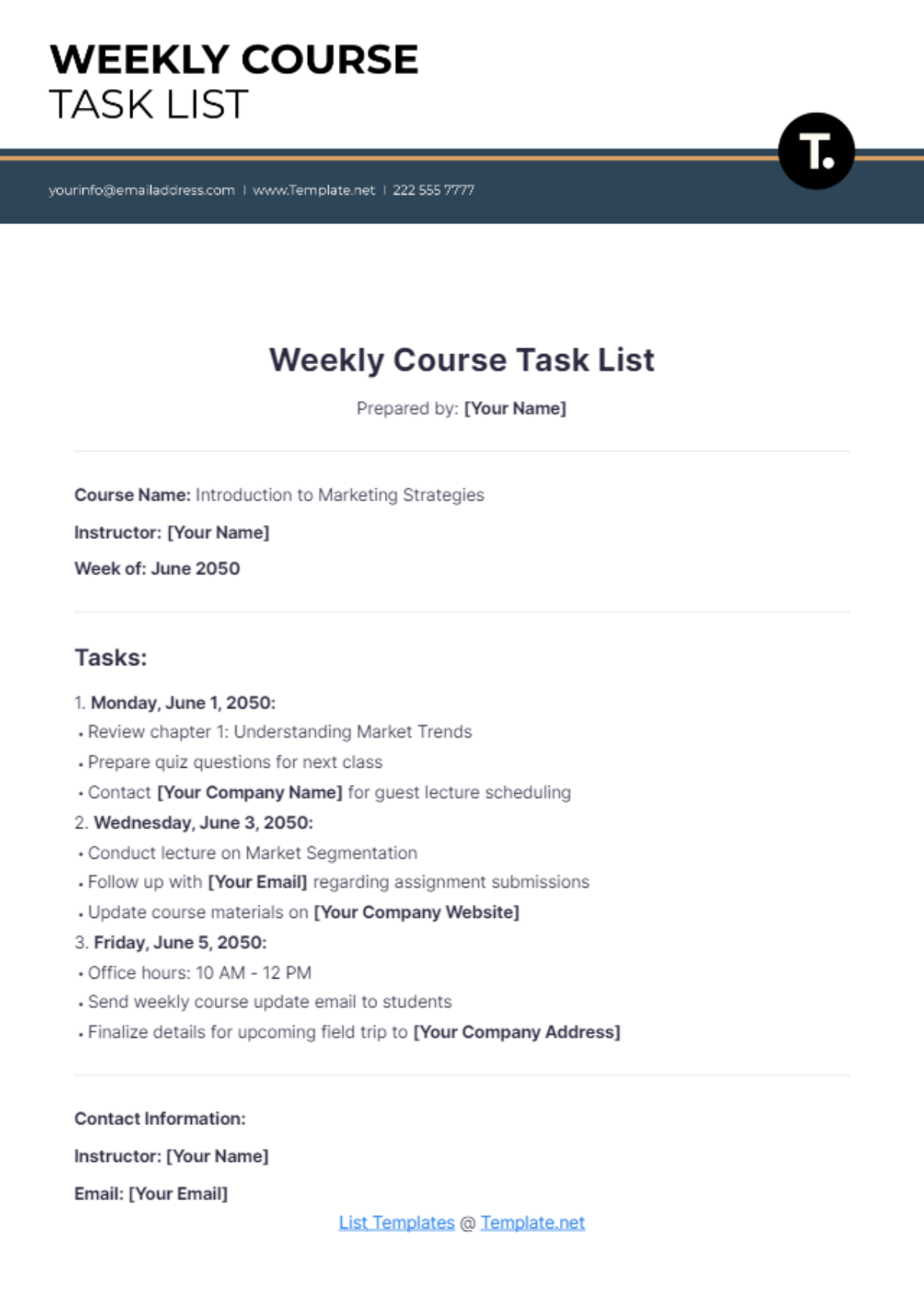 Weekly Course Task List Template