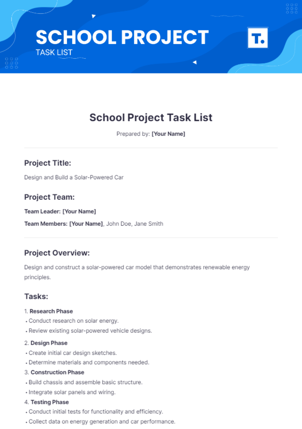 School Project Task List Template - Edit Online & Download