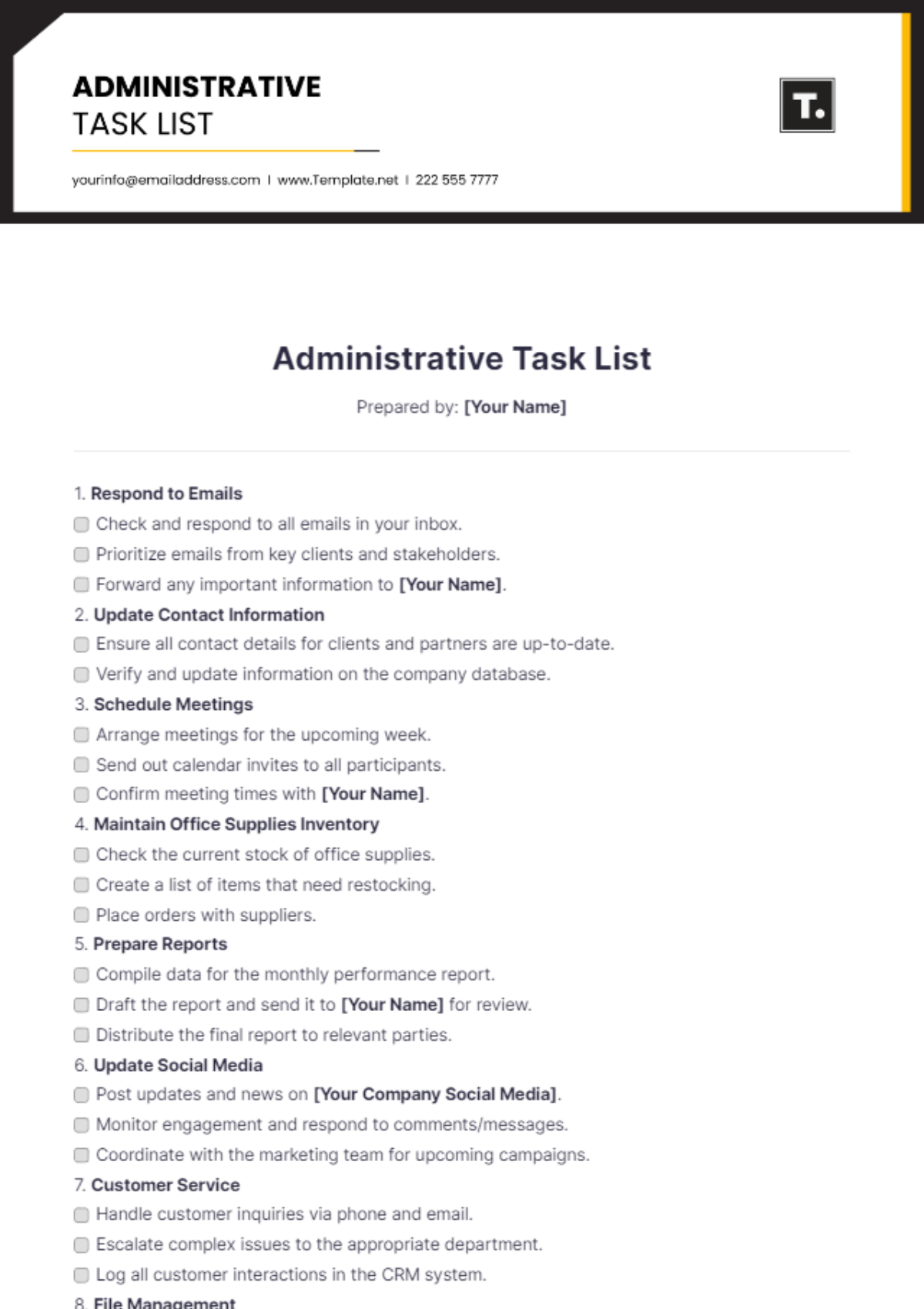 Administrative Task List Template