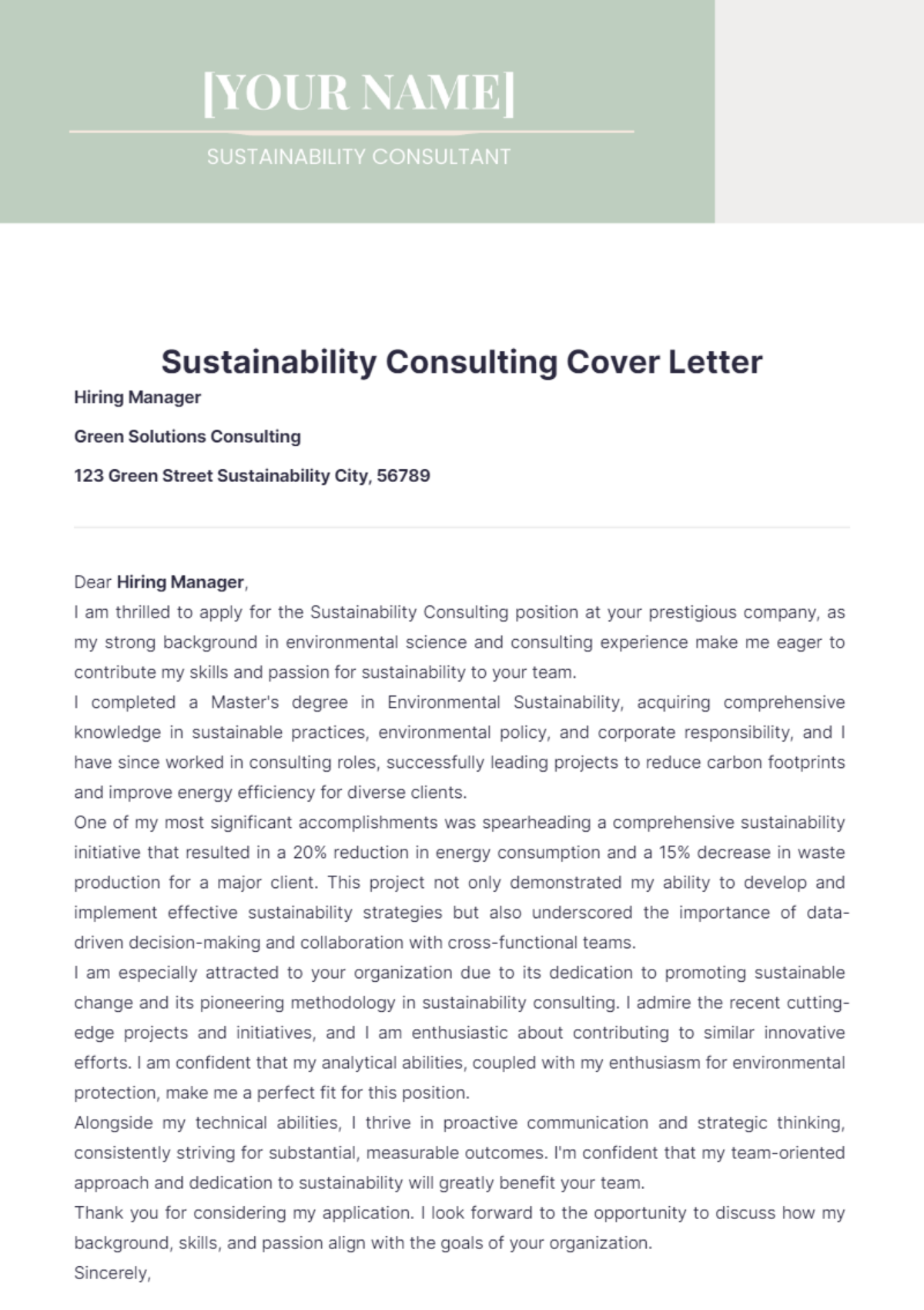 Sustainability Consulting Cover Letter - Edit Online & Download