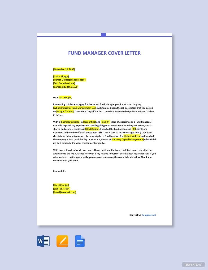 Fund Manager Cover Letter Template