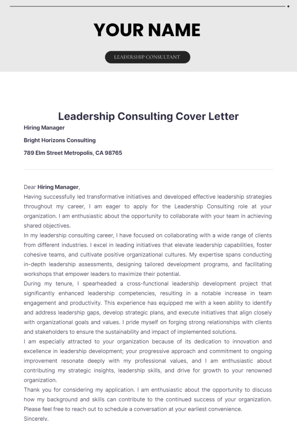 Leadership Consulting Cover Letter - Edit Online & Download