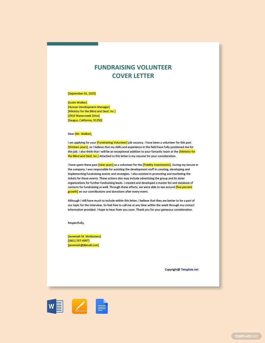 Fundraising Volunteer Cover Letter Template