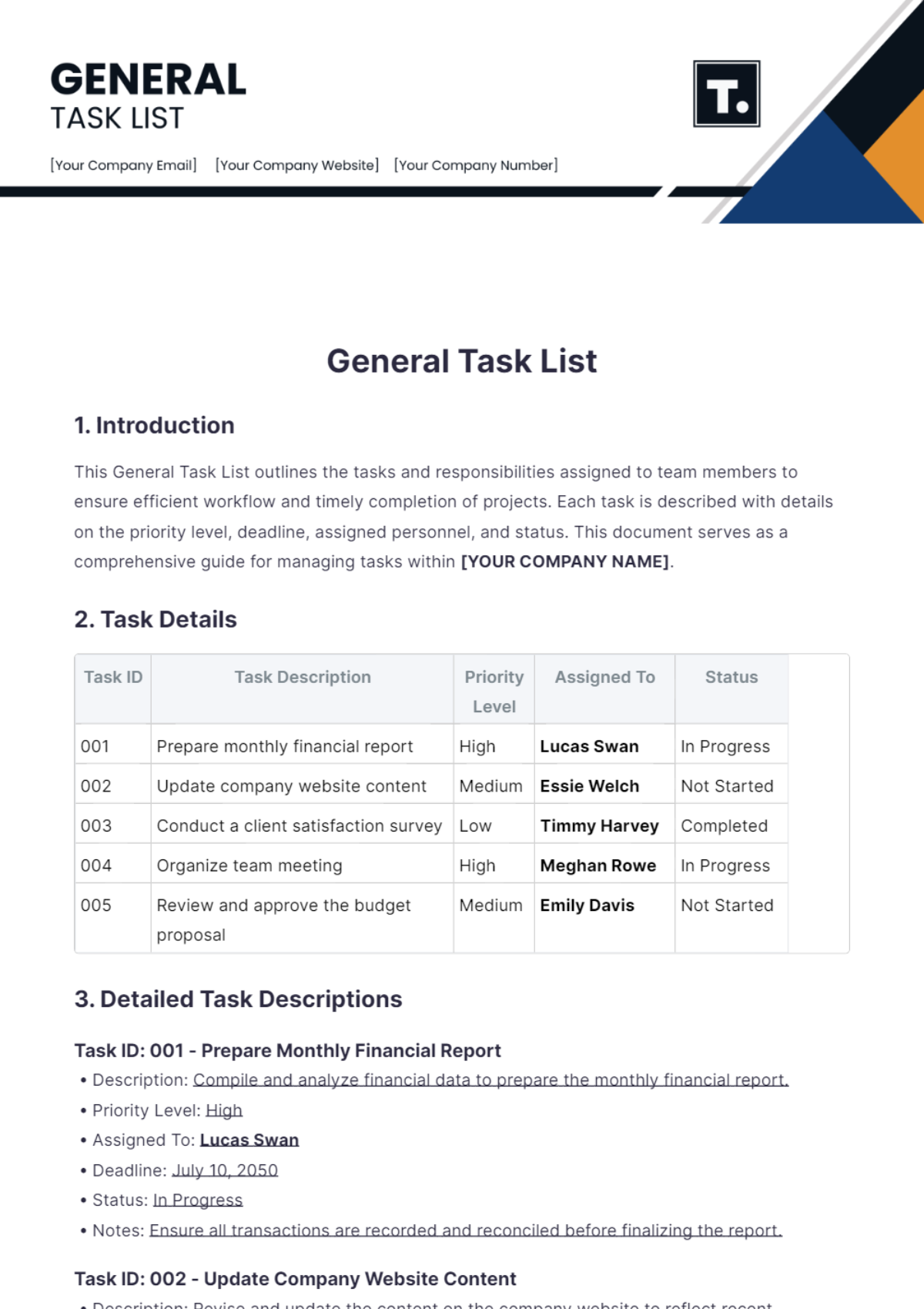 General Task List Template - Edit Online & Download