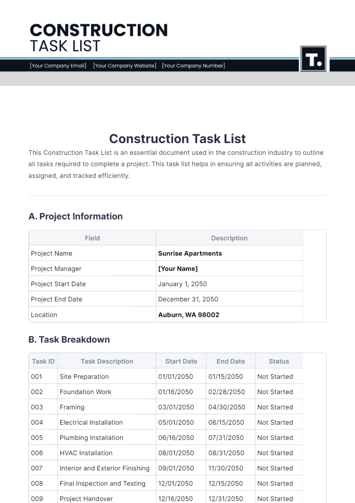 Construction Task List Template - Edit Online & Download