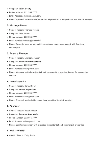 Free Real Estate Contact List Template to Edit Online