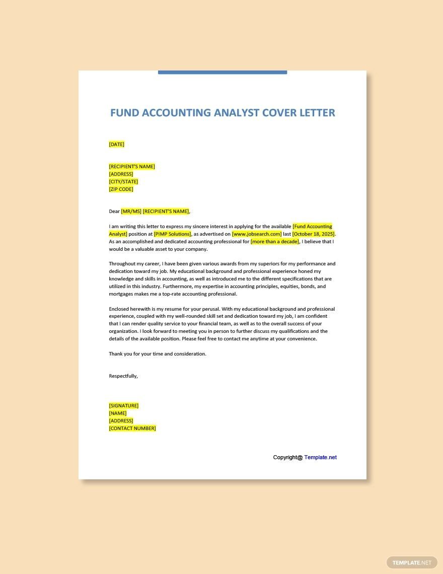 Fund Accounting Analyst Cover Letter Template
