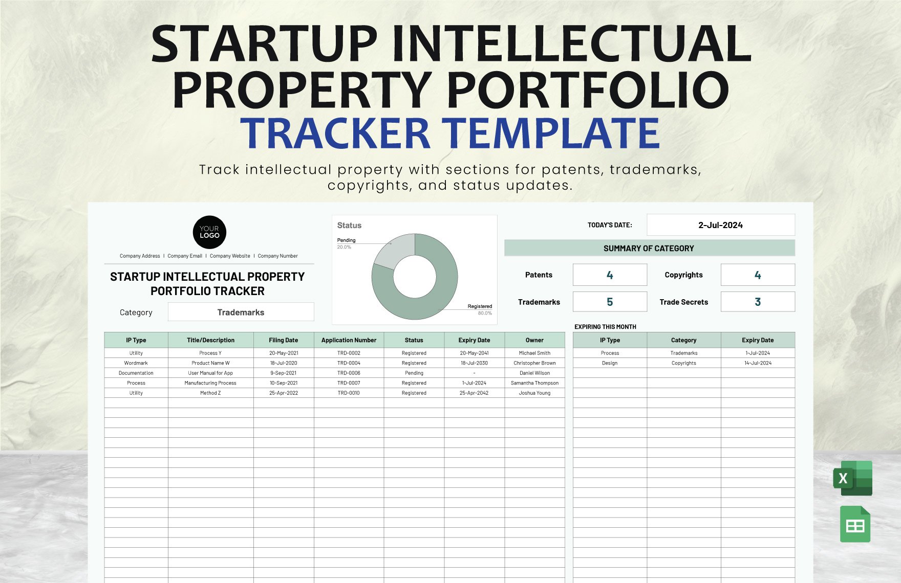 Startup Intellectual Property Portfolio Tracker Template in Excel, Google Sheets