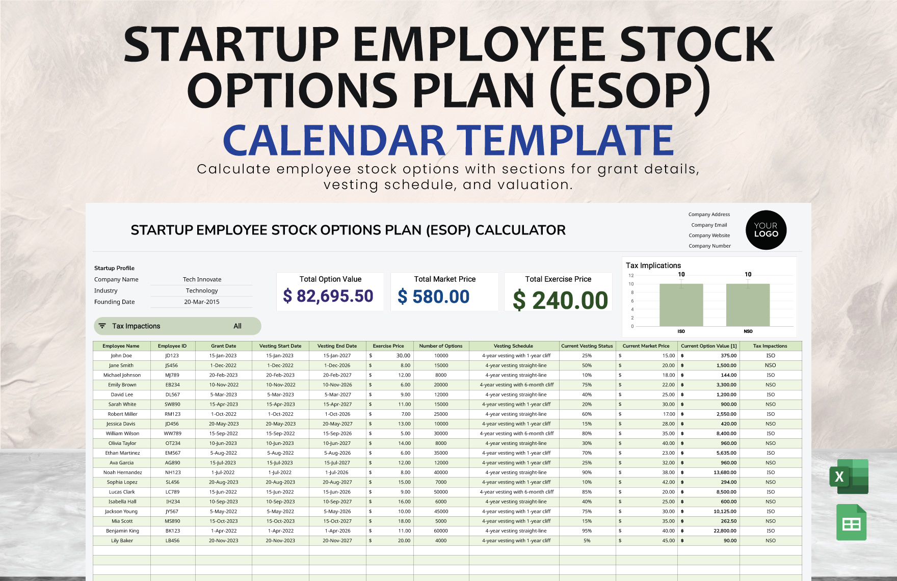 Startup Employee Stock Options Plan (ESOP) Calculator Template