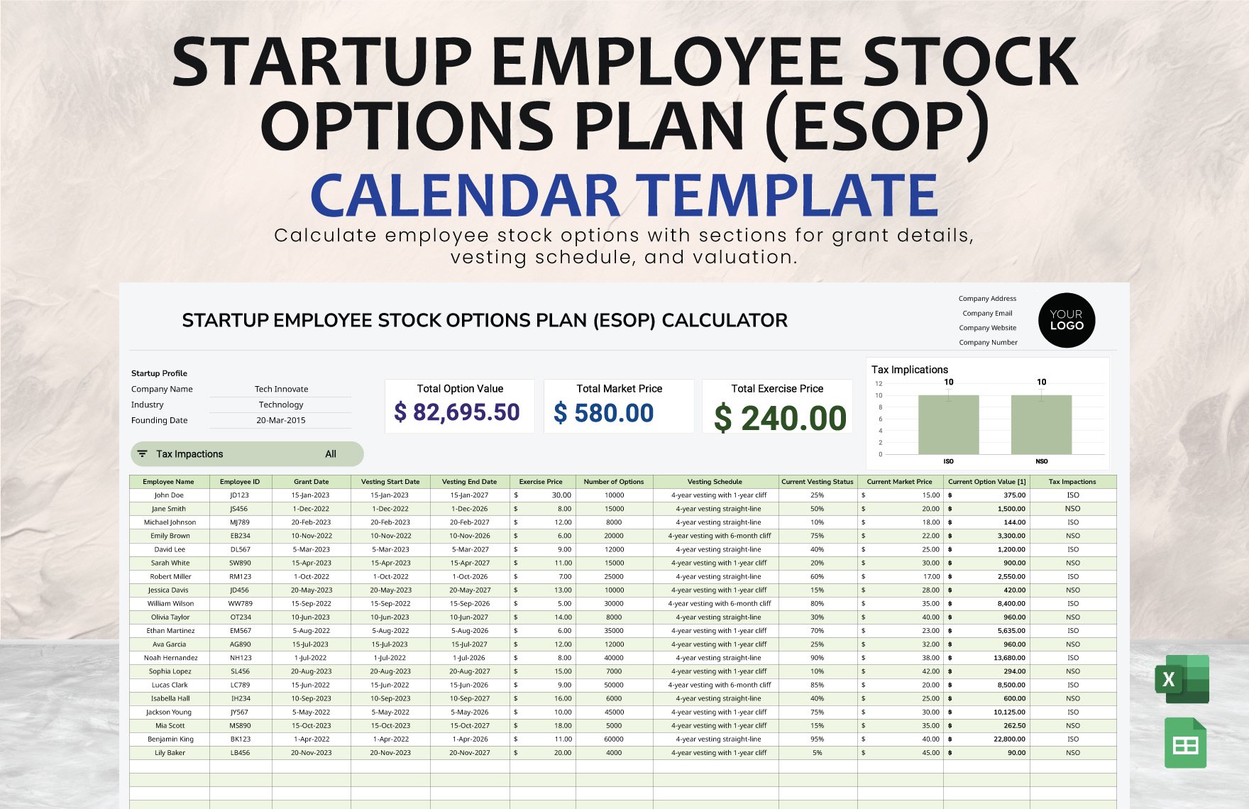 Startup Employee Stock Options Plan (ESOP) Calculator Template in Excel, Google Sheets