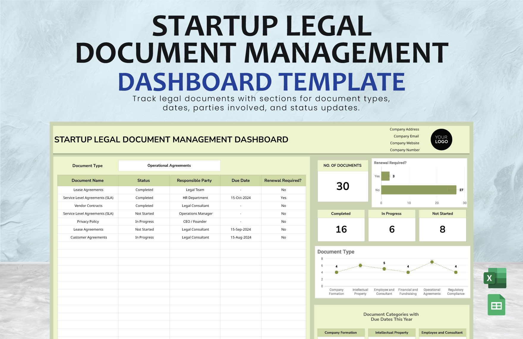 Startup Legal Document Management Dashboard Template in Excel, Google Sheets