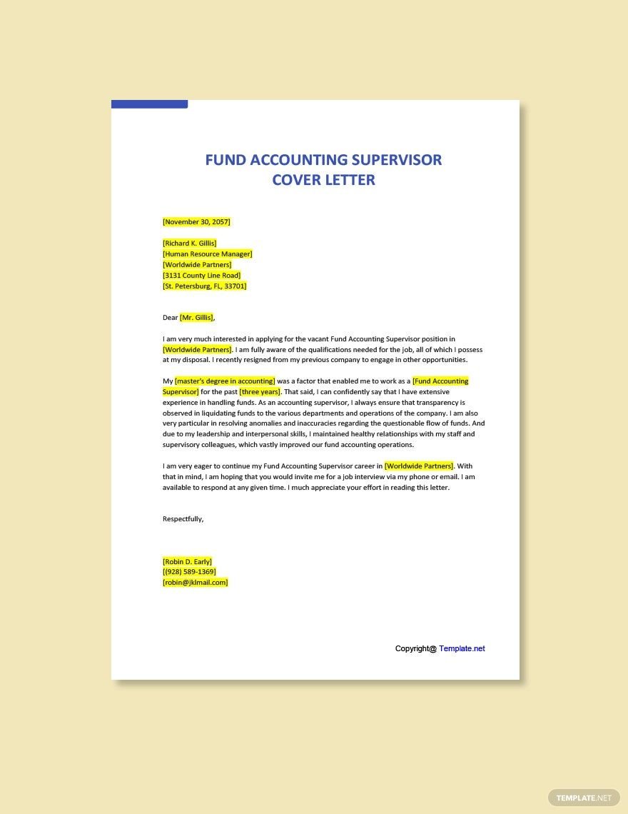 Fund Accounting Supervisor Cover Letter