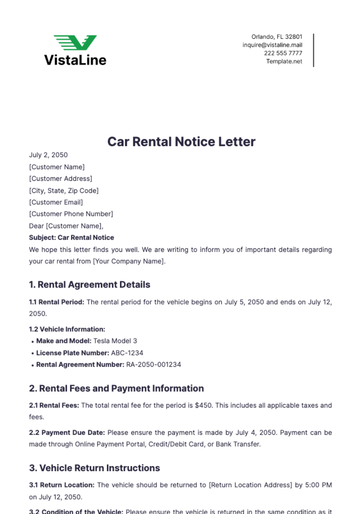 Car Rental Notice Letter Template