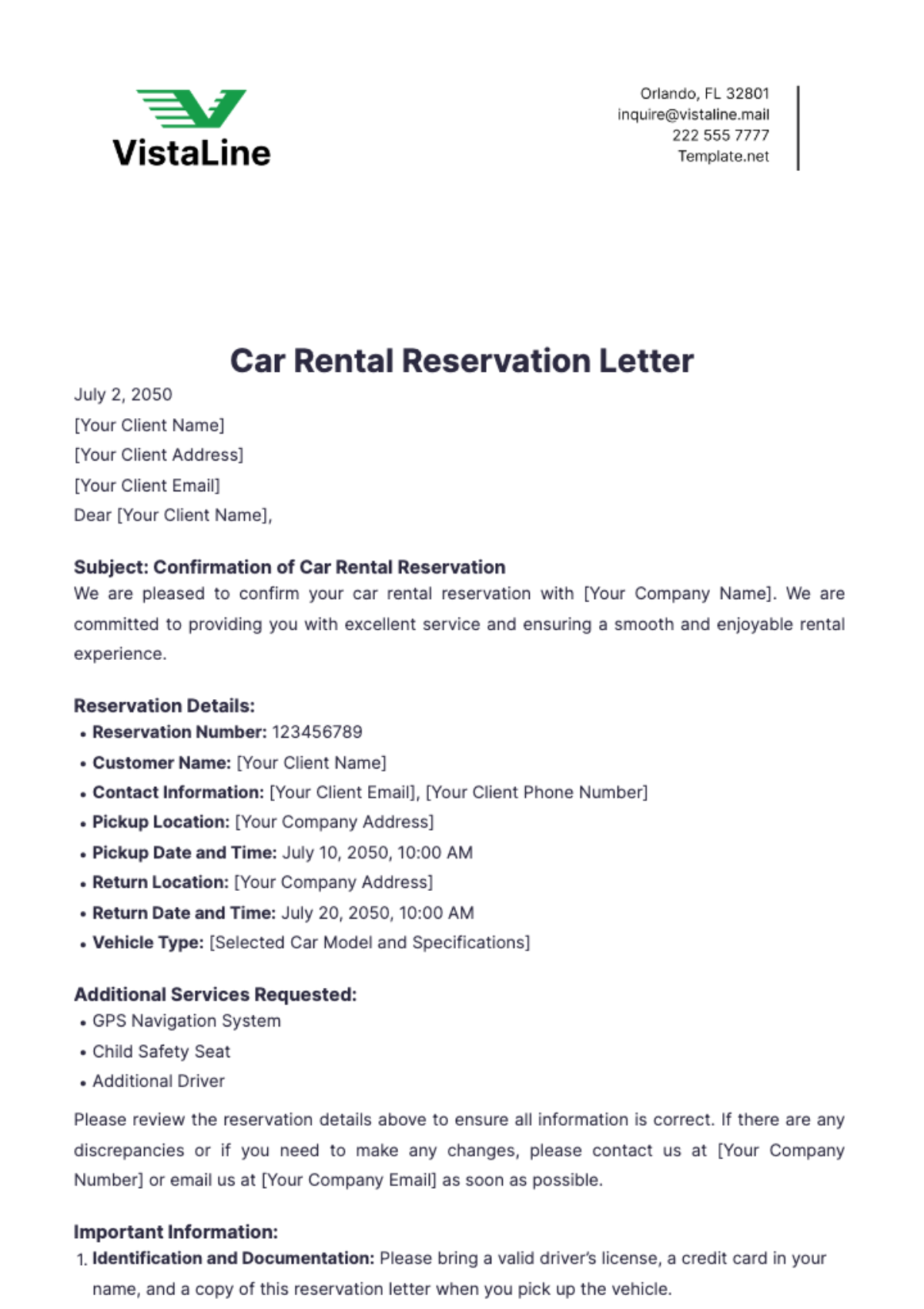 Car Rental Reservation Letter Template