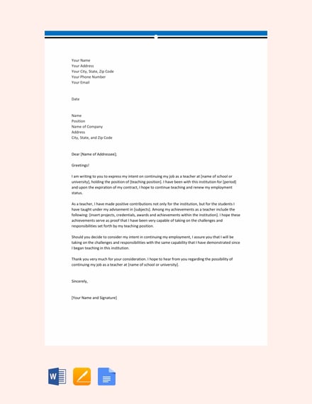 Free Sample Letter Of Intent To Continue Teaching Template Download