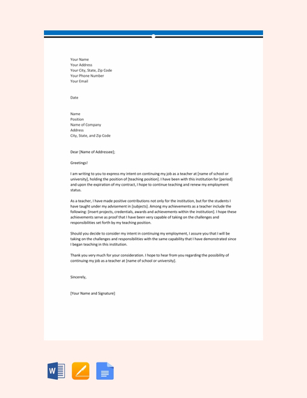 FREE Sample Letter of Intent to Continue Teaching Template ...