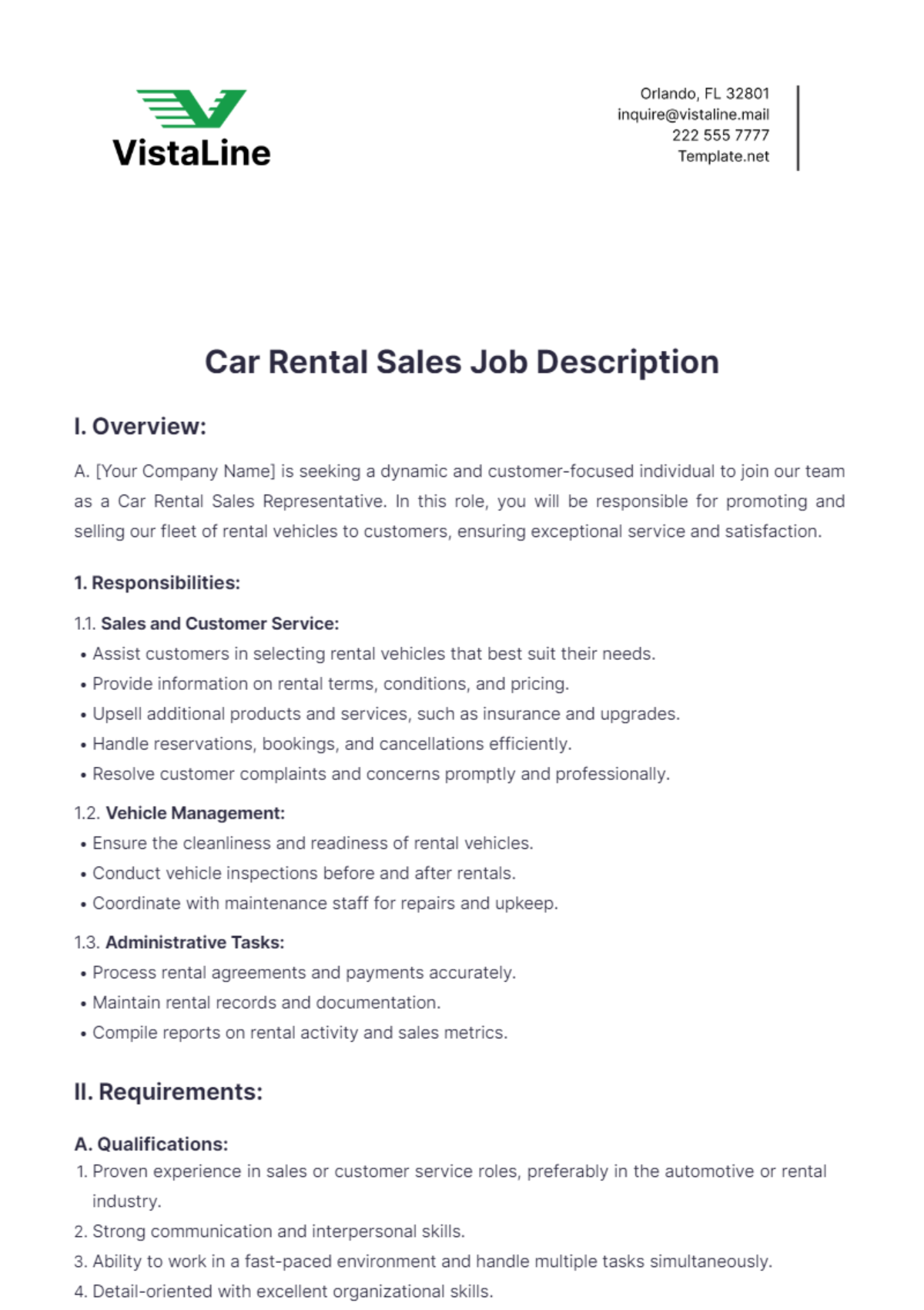 Car Rental Sales Job Description Template - Edit Online & Download