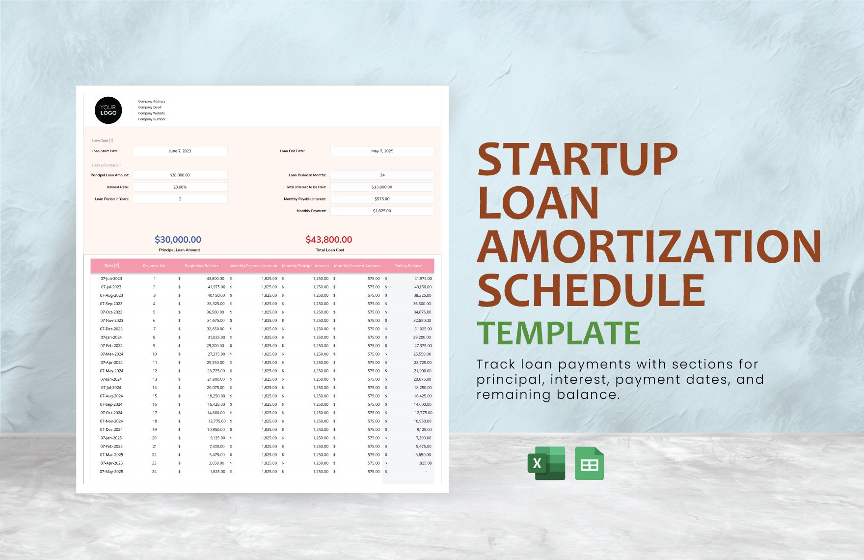 Startup Loan Amortization Schedule Template in Excel, Google Sheets