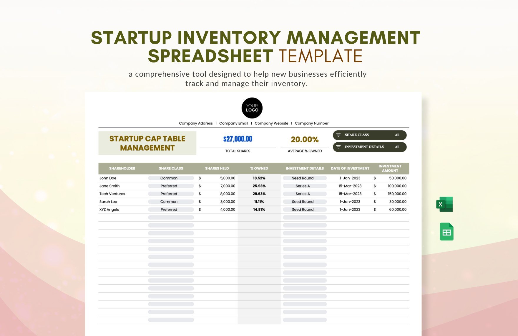 Startup Inventory Management Spreadsheet Template in Excel, Google Sheets - Download | Template.net