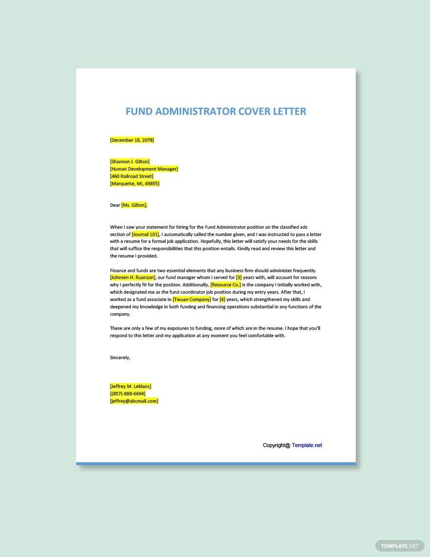 Fund Administrator Cover Letter