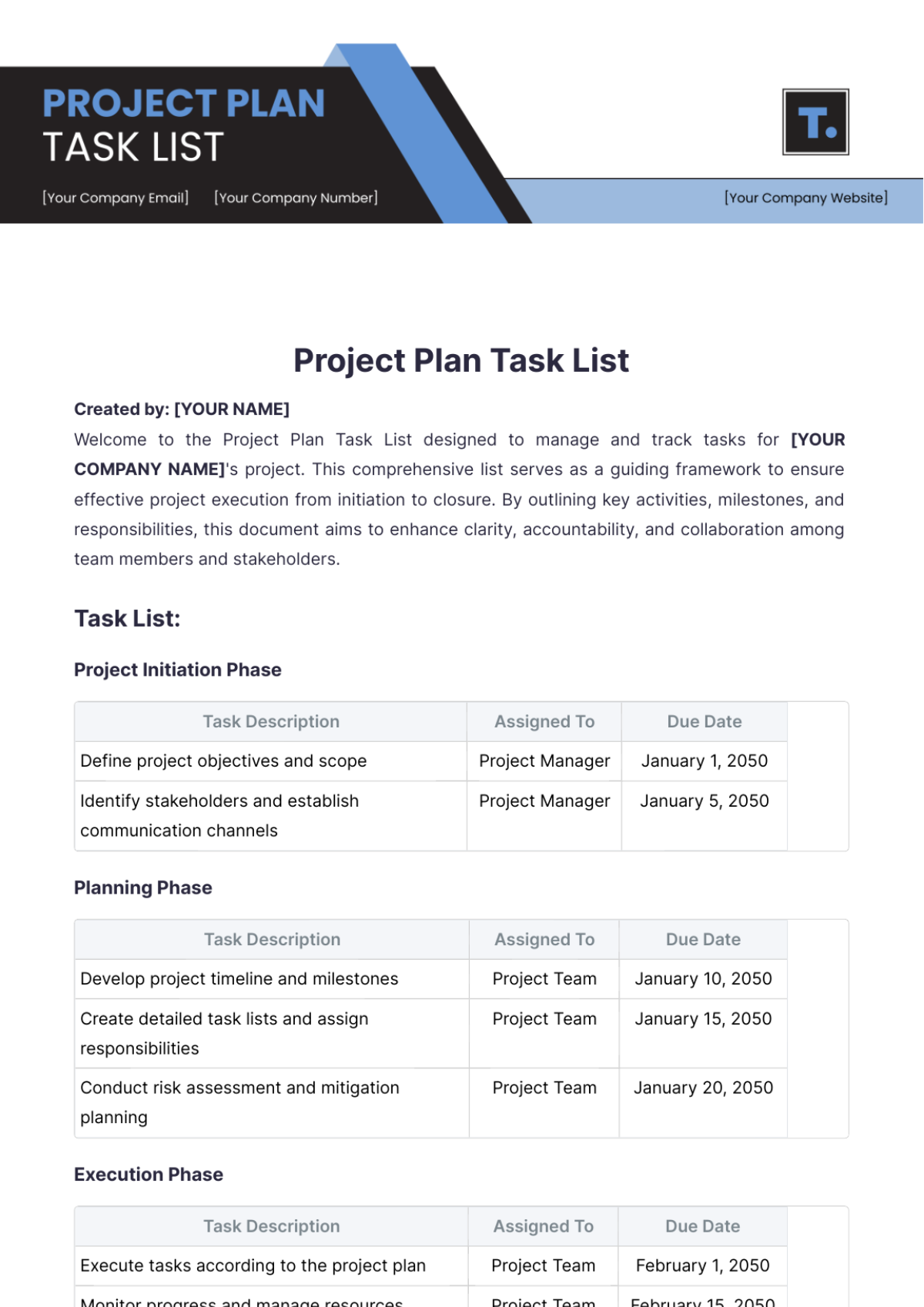 Project Plan Task List Template - Edit Online & Download